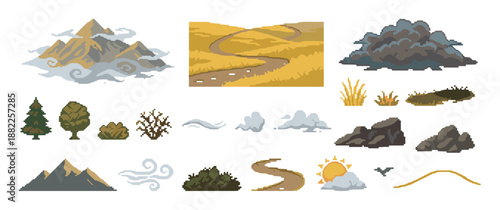 Pixel art landscape creation kit assets featuring mountains, trees, clouds, roads, and rocks for building a retro 8-bit video game world in a flat vector illustration style