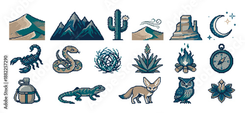 Pixel art collection of desert themed icons including a scorpion, snake, cactus, and compass in a retro 8-bit video game style with a limited color palette