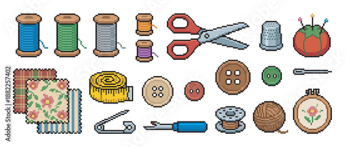 Pixel art set of sewing and needlework tools including thread spools, scissors, buttons, a thimble, and a pincushion in a retro 8-bit video game style