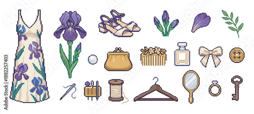 Pixel art collection of vintage feminine fashion and beauty items with a floral iris dress, shoes, perfume, jewelry, and sewing tools in a romantic retro style