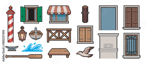 Collection of Venetian themed pixel art icons including a gondola, mooring pole, windows, and a lantern, rendered in a retro 8-bit video game style for digital assets