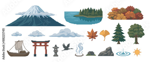 Set of pixel art icons depicting nature and traditional cultural elements like a volcano, torii gate, boat, and crane in a retro 8-bit video game style