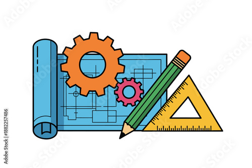 Engineering tools and blueprint icons with gear, pencil, and triangle ruler