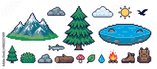 Set of pixel art nature icons for outdoor adventure and camping themes, featuring a mountain, tree, lake, backpack, and campfire in a retro 8-bit video game style