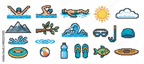 Collection of colorful pixel art icons representing summer vacation, swimming, and outdoor activities in a retro 8-bit video game style with various elements