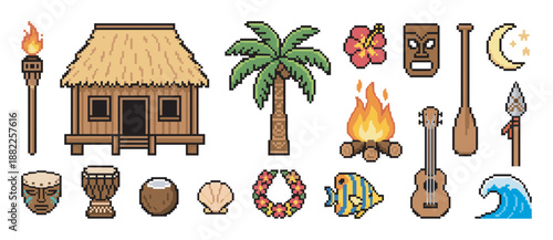 Pixel art set of tropical island icons featuring a tiki mask, palm tree, hut, torch, and ukulele for a retro 8-bit video game asset collection with a summer vacation theme