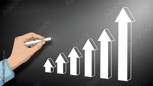 Hand drawing an upward trending bar graph with arrows on a dark textured background graph, chart, growth