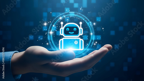 Hand holding a glowing blue robot icon with digital network background chatbot