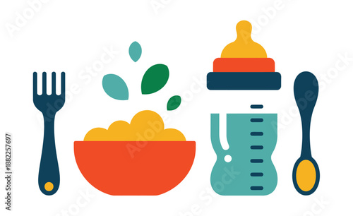 A colorful illustration of baby food and utensils for feeding and eating.
