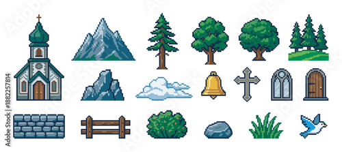 Pixel art video game icon collection with a church, mountain, trees, and other environmental sprites for level design in a nostalgic 8-bit or 16-bit aesthetic