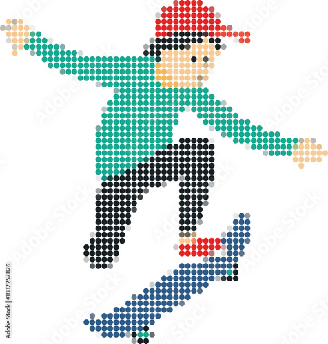 Dotted Skateboarder Mid- Air on White Background skateboarding trick