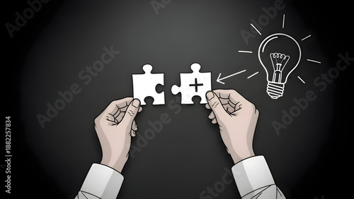 Hands connecting puzzle pieces with a lightbulb and plus sign connection idea