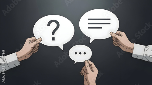 Hands holding speech bubbles with question mark and text on dark background speech bubble, conversation