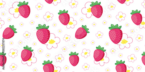 Seamless pattern with strawberries and flowers. Summer vibe background. Juicy, bright and cute texture.