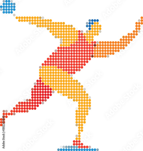 Figure skater performing a spin made of dots on white background 