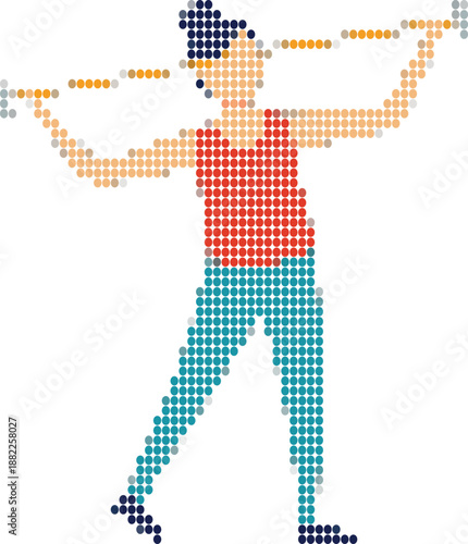 Pixelated person holding a discus for throwing on white background athlete discus thrower