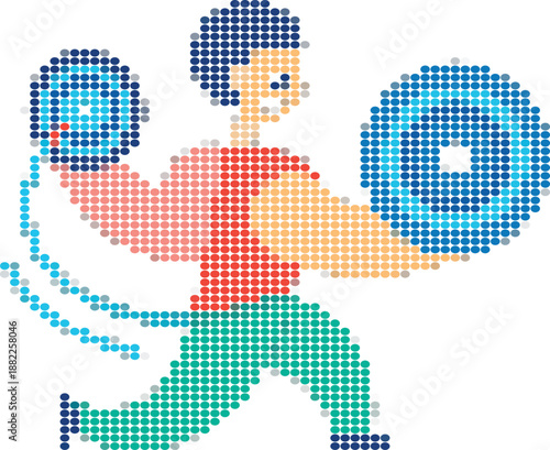Pixelated Person Holding Two Circular Shields on White Background dumbbell motion