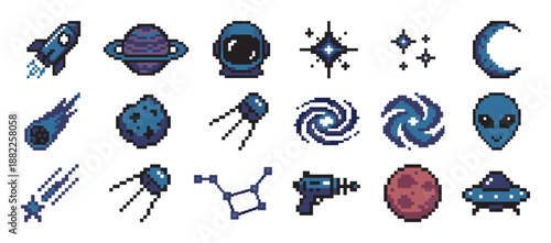 Set of pixel art space icons featuring a rocket, planet, alien, ufo, and astronaut helmet in a retro 8-bit video game style for a science fiction theme