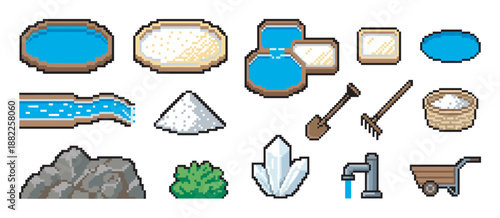 Detailed pixel art icon set for a video game, illustrating the process of salt production with evaporation ponds, salt crystals, rocks, a water source, and farming tools