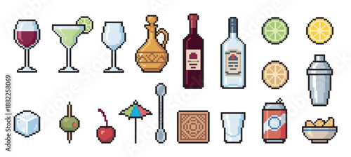 Pixel art collection of bar and cocktail icons featuring various drinks, glassware, bottles, garnishes, and snacks in a retro 8-bit video game style illustration set for design elements