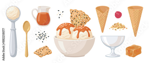 Set of illustrated dessert elements for creating a sundae, featuring ice cream with caramel, waffle cones, sesame brittle, nuts, a raspberry, a scoop, and a bowl in a clean cartoon style