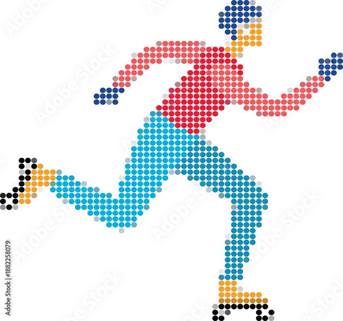Pixelated person rollerblading with motion blur on white background roller skates