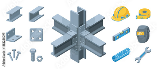 Collection of isometric construction and engineering icons showing steel beams, a hard hat, tools, and fasteners for building and architecture design