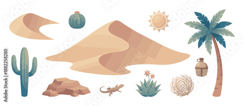 Collection of desert themed vector illustrations featuring a sand dune, cactus, palm tree, sun, lizard, rock, tumbleweed, and a water canteen in a flat cartoon style