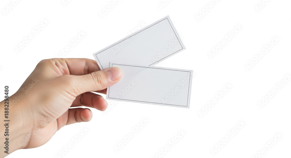 Fototapeta premium Hand holding two blank white cards isolated on white background
