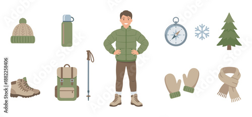 Collection of winter hiking equipment icons featuring a male character, backpack, compass, thermos, and warm clothing for outdoor adventure in a flat vector illustration style