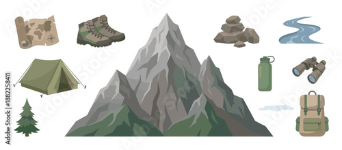 Collection of hiking and camping equipment icons including a mountain, tent, backpack, and boots, illustrated in a simple flat vector style for adventure and travel concepts