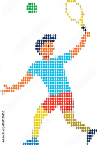 Tennis player swinging racket to hit a ball in a pixelated style