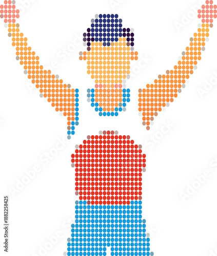 Victorious athlete with arms raised in pixelated mosaic style 