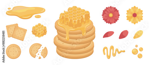 Collection of honey and biscuit illustrations including a stack of cookies with honeycomb, crackers, flowers, and sweet golden liquid drops in a charming cartoon style
