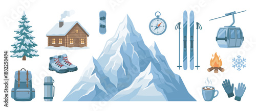 Set of winter sports and mountain recreation illustrations in a flat cartoon style, including skis, cabin, cable car, backpack, and other vacation equipment