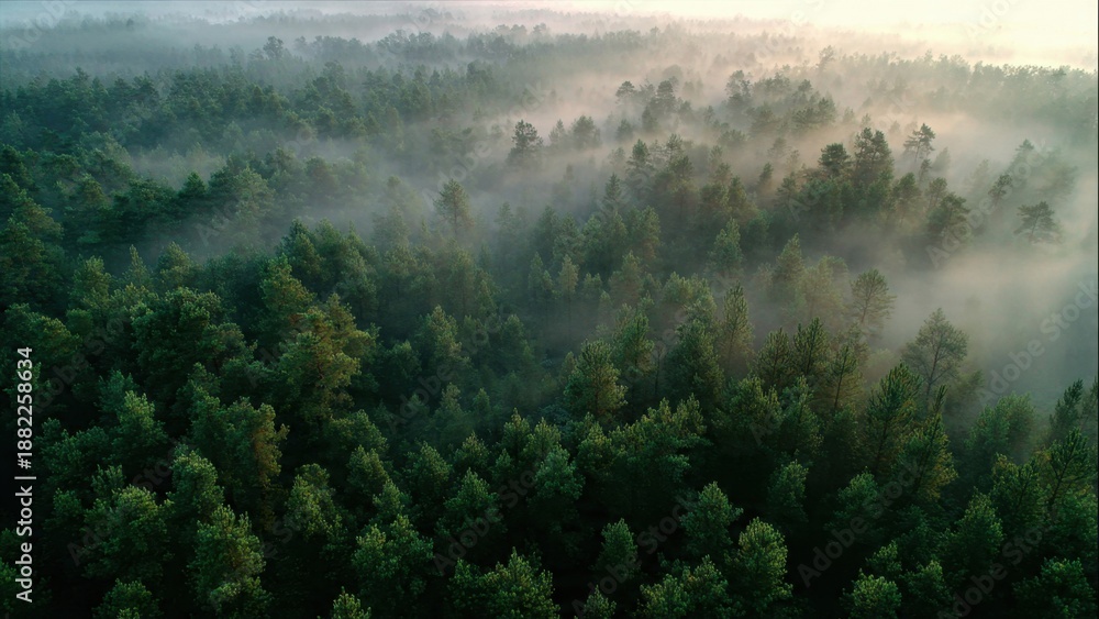 Obraz premium Misty forest canopy at sunrise