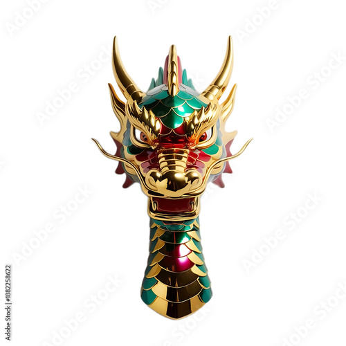 Dragon Head Sculpture in Vibrant Colors with Golden Accents on Teal and Red Background for Fantasy Decor