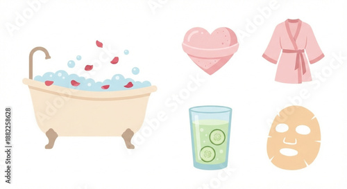 Collection of self-care items for a relaxing spa day at home, featuring bath essentials and beauty treatments