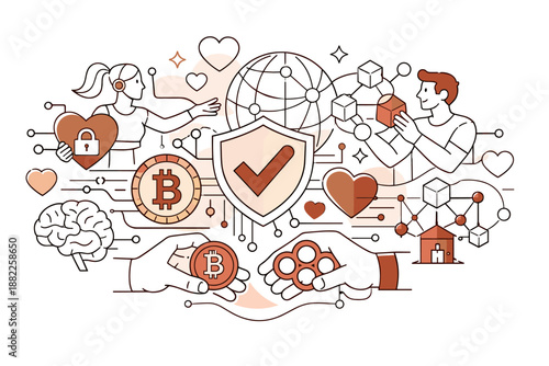 Future systems blending human values and crypto tech. Abstract hearts, shields, and circuits aligning together