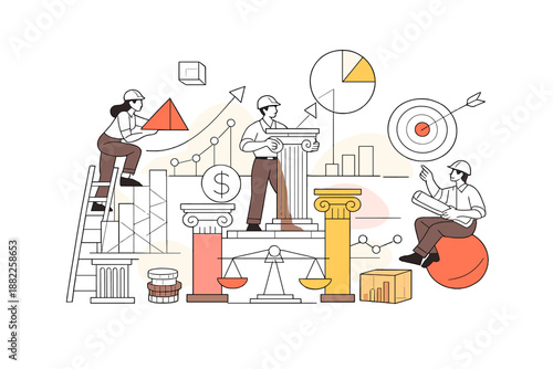 Designing resilient financial systems. Architects building abstract frameworks, pillars and charts aligned in