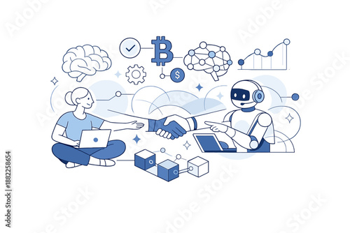 Human, AI, and crypto systems. Humans and intelligent agents working side by side, abstract brains and nodes