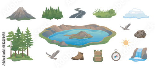 Collection of hiking and nature illustrations featuring a mountain, crater lake, forest, backpack, compass, and other outdoor adventure elements for travel and exploration concepts
