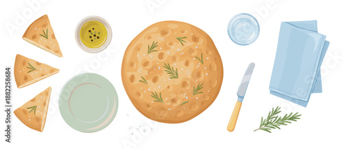 Illustrated focaccia bread with rosemary and salt, shown whole and sliced with olive oil, a plate, knife, and napkin in a flat lay arrangement