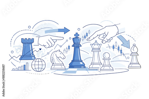 Strategic decisions moving global markets. Abstract chess pieces and arrows in motion, decisive gestures
