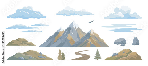 Collection of cartoon mountain landscape elements including snowy peaks, hills, pine trees, rocks, a winding road, a bird, and clouds for creating a custom outdoor scene