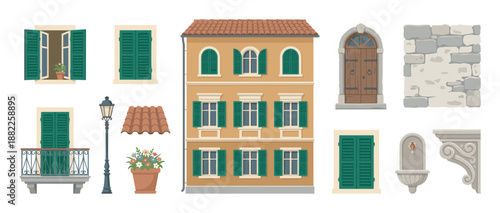 Vector illustration set of classic European architectural elements featuring a building facade, windows with green shutters, an arched door, balcony, and other town details
