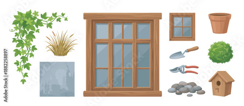 Set of garden and house exterior elements featuring a wooden window, climbing ivy, trowel, shears, flower pot, bush, and birdhouse in a flat cartoon style