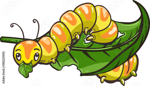 Funny cartoon caterpillar eating leaf