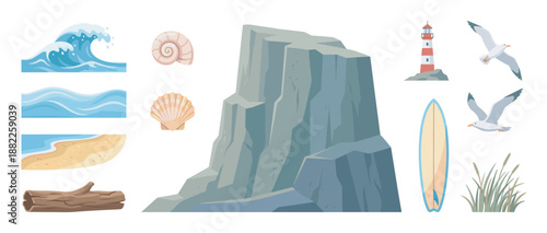 Collection of beach and sea elements including a rocky cliff, ocean wave, lighthouse, surfboard, and seagulls in a flat vector illustration style for summer vacation concepts
