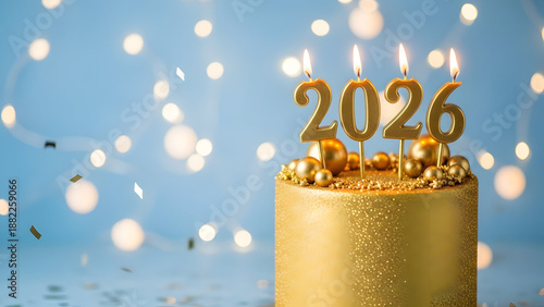 Golden cake with 2026 candles and bokeh lights for New Year's celebration image photo
